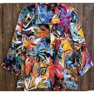 Ali Miles Jacket Womens 2X Colorful Floral 3/4 Sleeve Collar Buttons Artsy Print